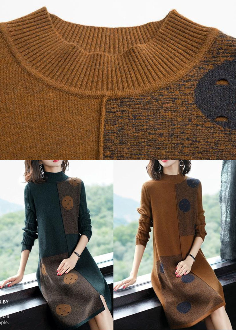 Fashion Coffee High Neck Asymmetrical Design Knit Sweater Dress Long Sleeve