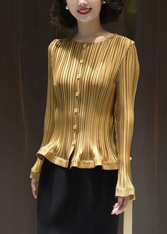 Yellow Striped Cotton Shirt O Neck Flare Sleeve