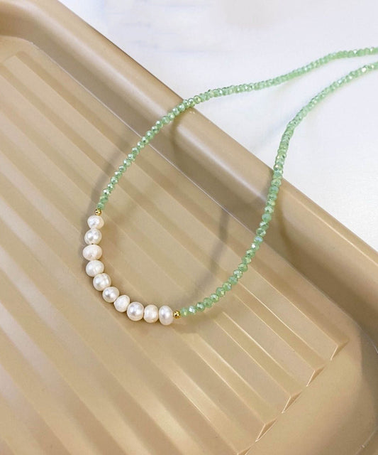 Original Design Light Green Stainless Steel Pearl Beading Crystal Gratuated Bead Necklace