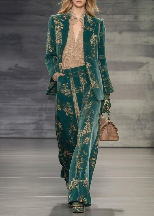 Plus Size Green Oversized Print Spandex Coats And Straight Pants Two Piece Set Spring