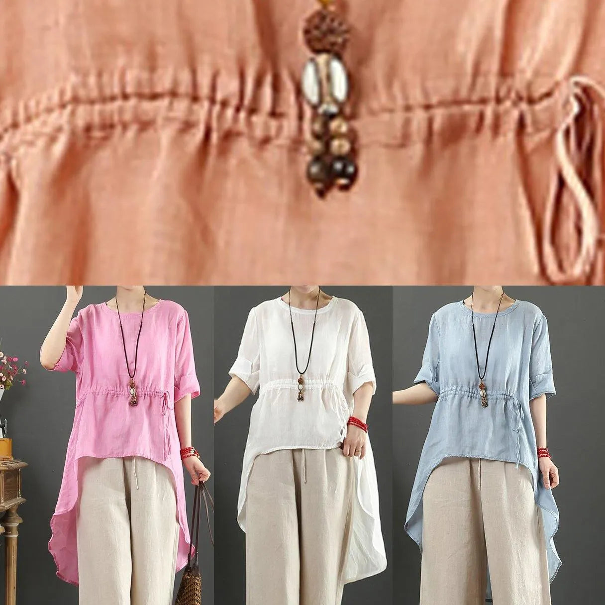 DIY light blue linen clothes o neck asymmetric box shirts
