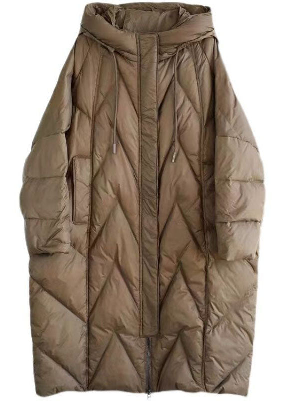 Boutique Coffee Hooded Drawstring Pockets Duck Down Puffer Jacket Winter