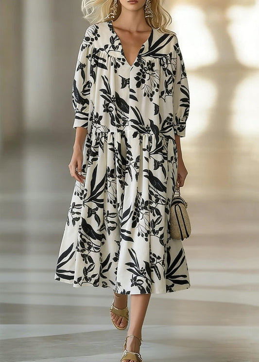 Loose Beige V Neck Print Wrinkled Cotton Long Dresses Bracelet Sleeve
