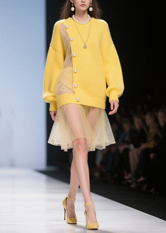Fine Yellow Big Pearl Patchwork Tulle Knitted Dress Winter