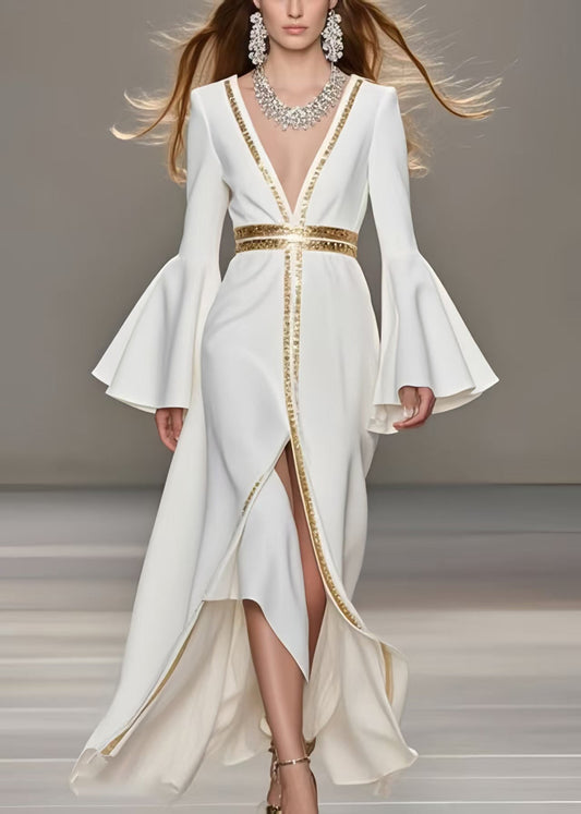 French White Patchwork Side Open Chiffon Vestidos Dress Spring