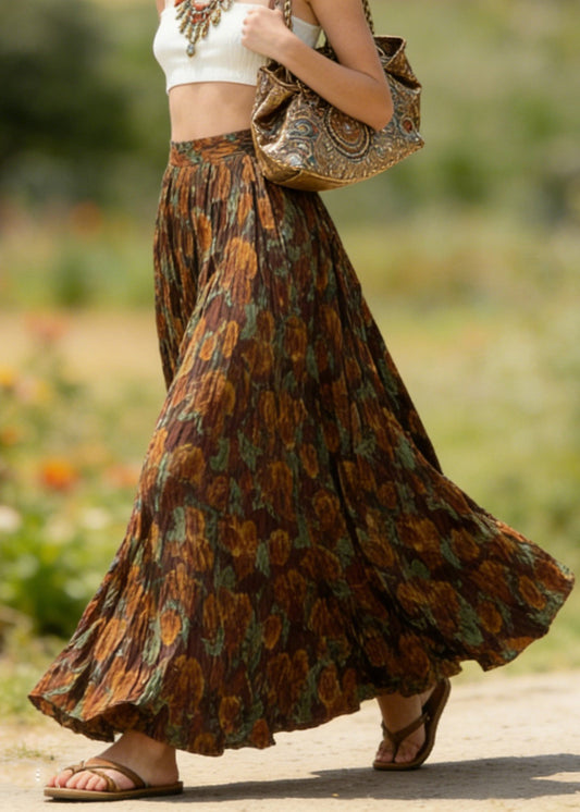 Bohemian Coffee Wrinkled Print Cotton Skirts Spring