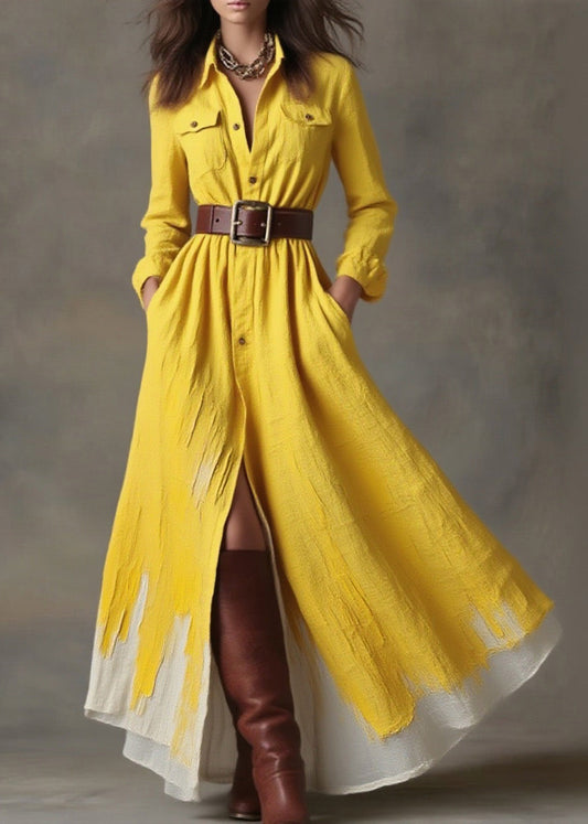 Women Yellow Peter Pan Collar Pockets Button Cotton Dress Spring