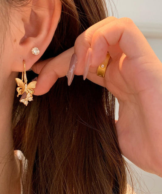 Vintage Gold Sterling Silver Overgild Zircon Butterfly Drop Earrings