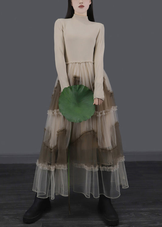 Apricot Ruffled Tulle Patchwork Slim Fit Long Dresses Asymmetrical