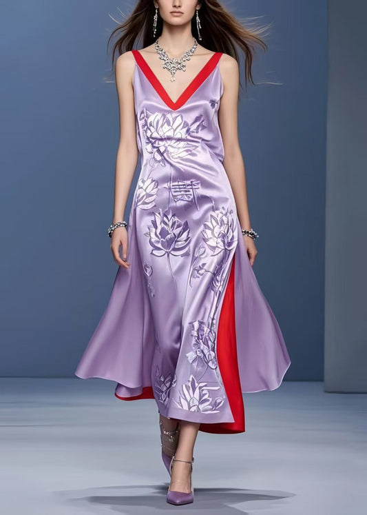 Style Lavender Print Side Open Silk Vacation Dresses Sleeveless