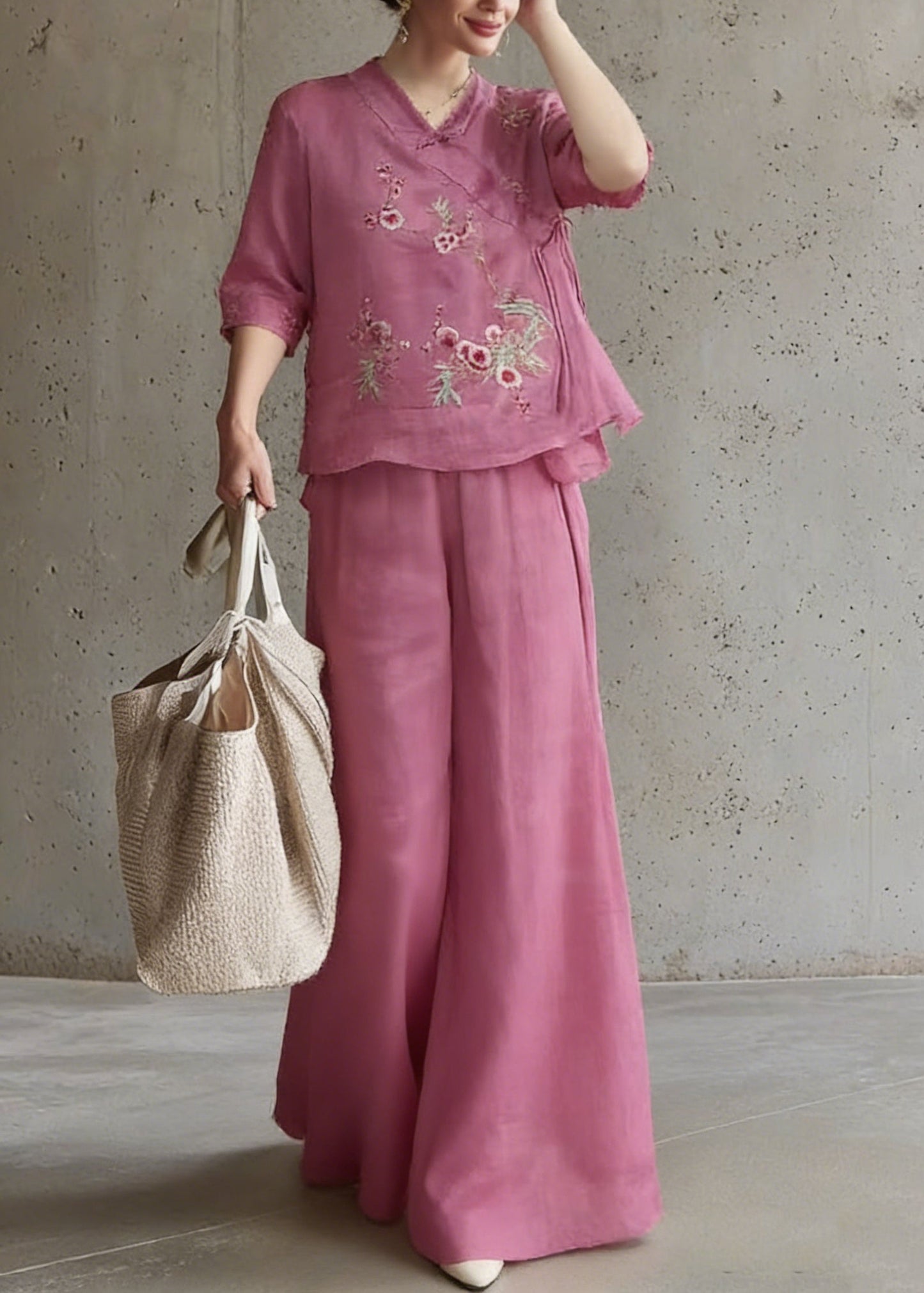 Vintage Rose Embroidered Tie Waist Top And Wide Leg Pants Two Pieces Set Half Sleeve