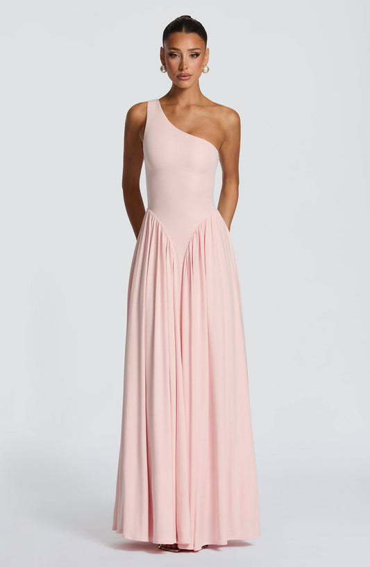 Blush Pink One-Shoulder Pleated Maxi Gown