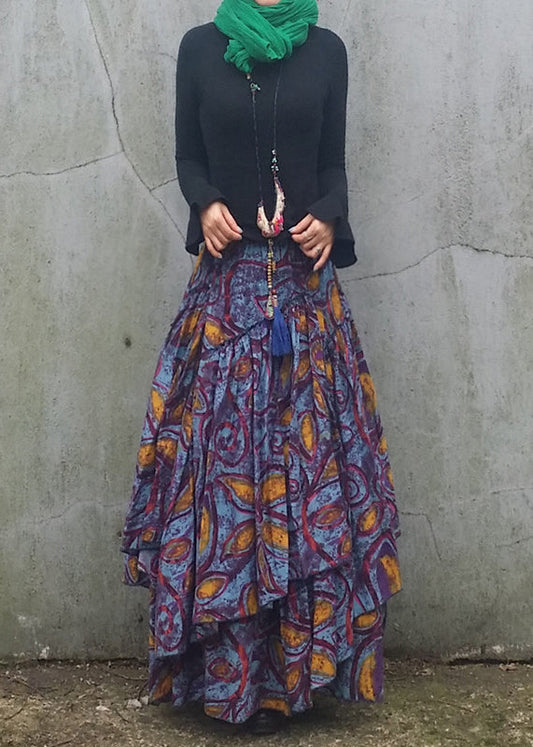 Diy Wrinkled Asymmetrical Print Patchwork Cotton Skirt Spring