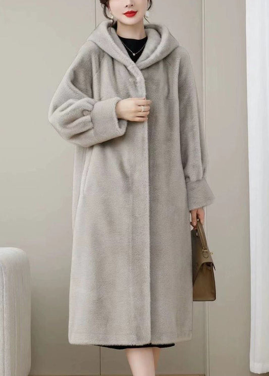 Loose Purple Hooded Pockets Solid Mink Hair Coats Winter