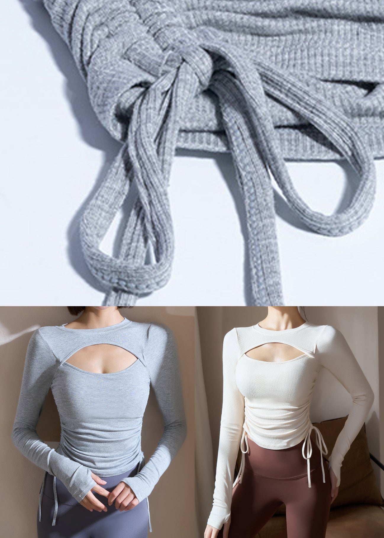 Grey Hollow Out Tie Waist Yoga Top