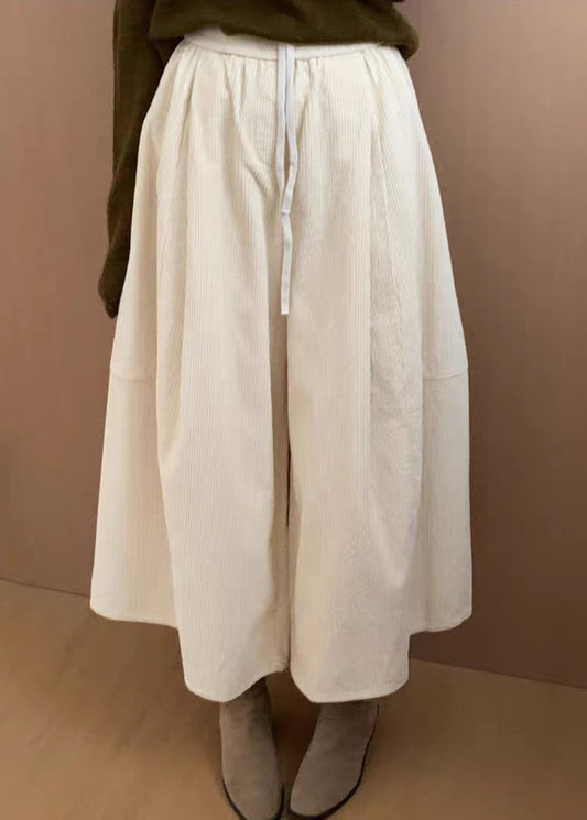 Apricot Solid Corduroy Wide Leg Pants Drawstring