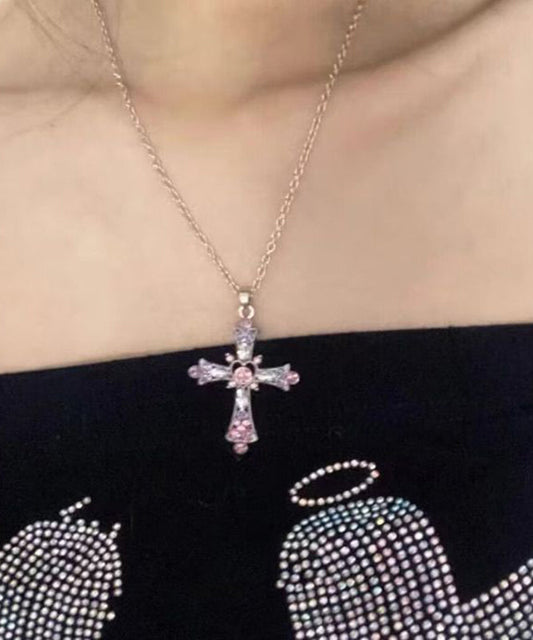 Beautiful Purple Alloy Zircon Cross Lariat Necklace