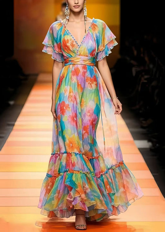 Elegant Multicolour Cinched Print Chiffon Vacation Dresses Summer