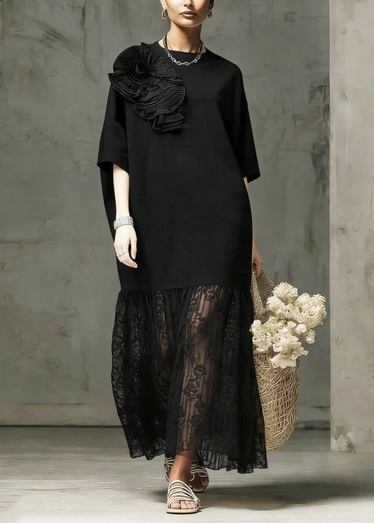 Boutique Black O Neck Floral Lace Patchwork Cotton Dress Summer