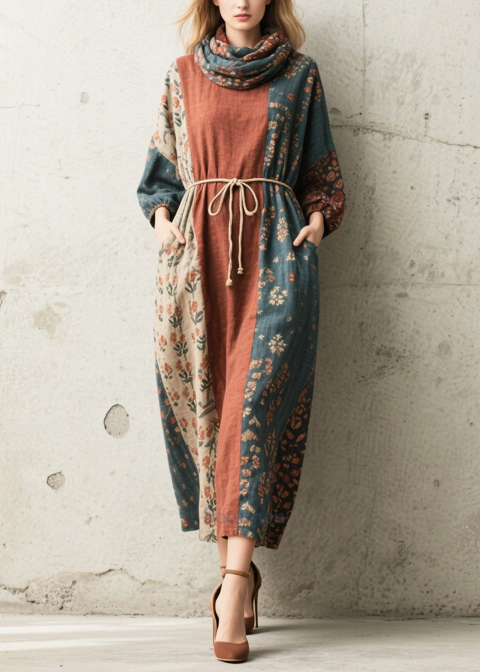 Vintage Tie Waist Print Cotton Vacation Dress Fall