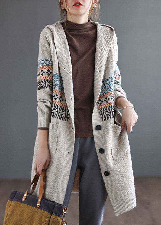Women Beige Button Knitted Hooded Coats Cardigans