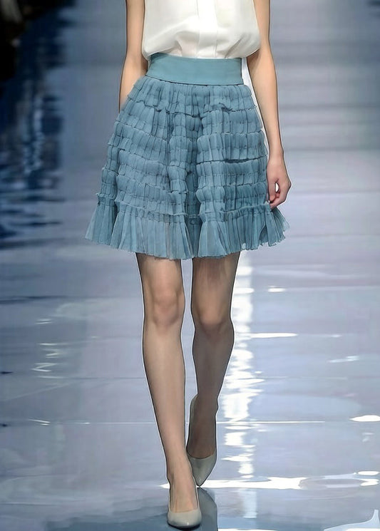 Blue Solid Elastic Waist Tulle Skirt Wrinkled
