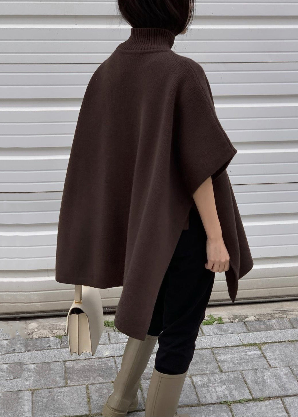 Grey Side Open Solid Knit Cape Style Sweater Turtleneck Batwing Sleeve