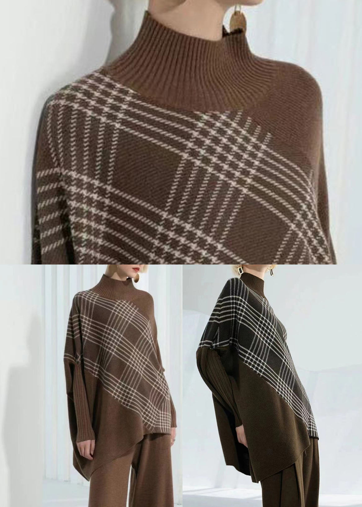 Coffee Green Warm Plaid Knitted Tops Asymmetrical Design Batwing Sleeve