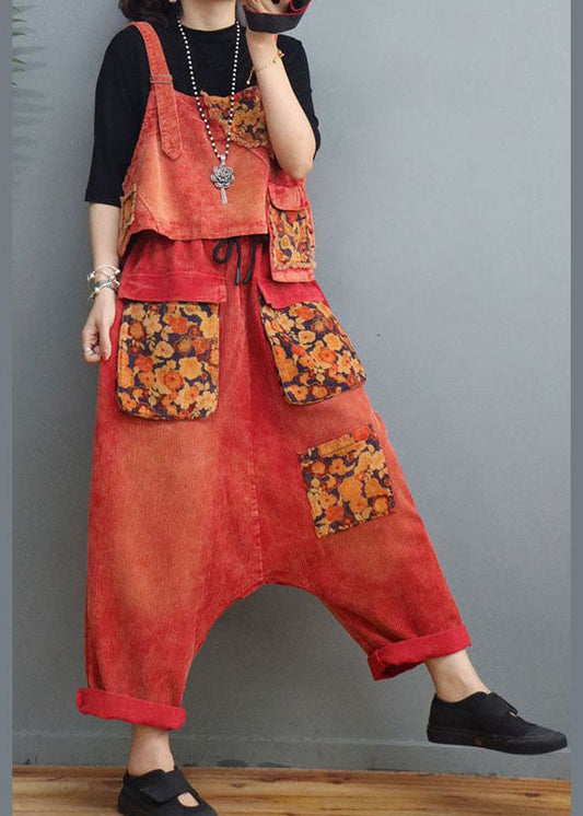 Fine Red Cinched Print Corduroy Two Pieces Set