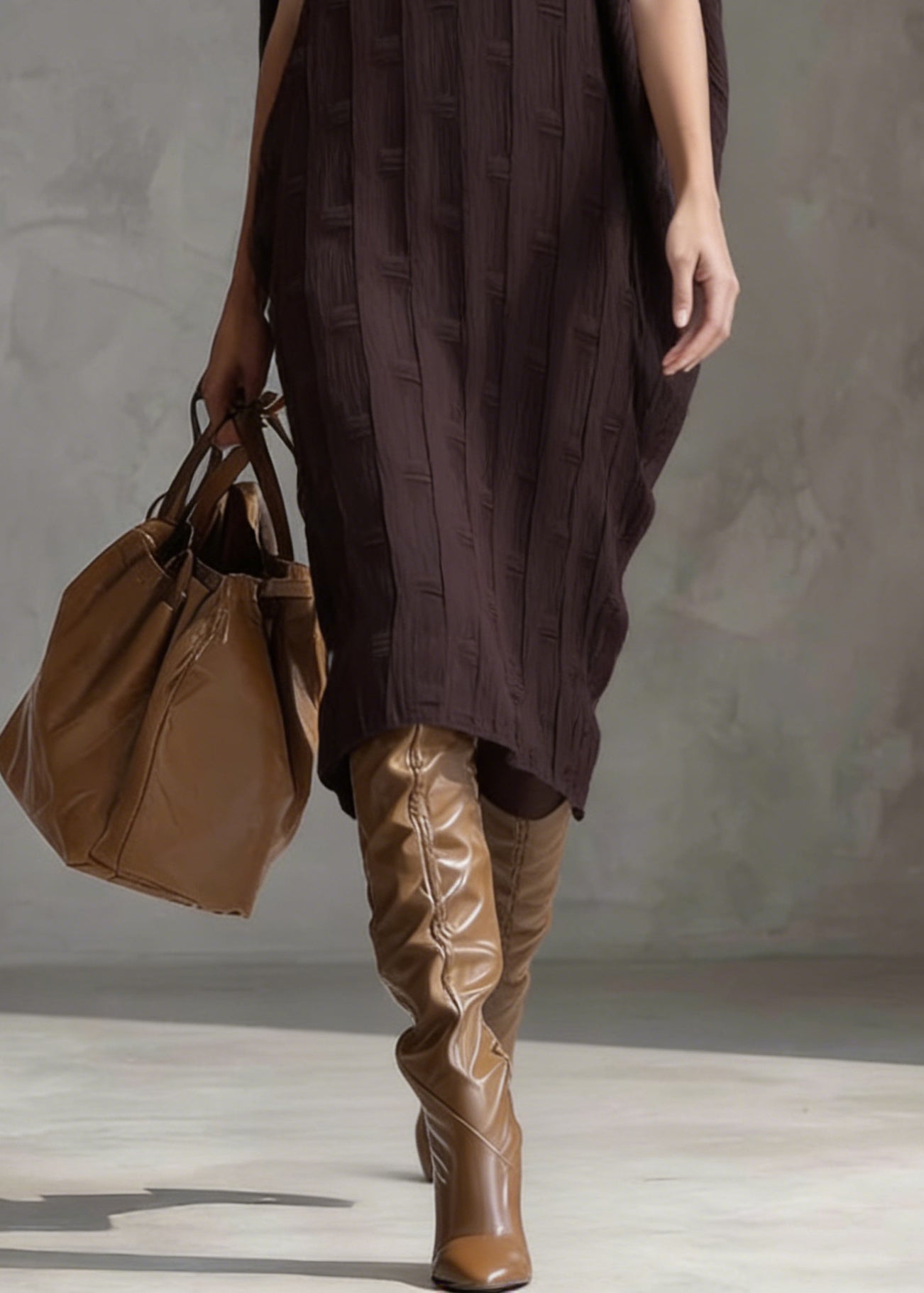 Vintage Coffee O Neck Oversized Silk Cotton Dress Batwing Sleeve