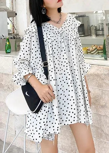 Beach white dotted chiffon clothes plus size Sleeve v neck Ruffles Love tops