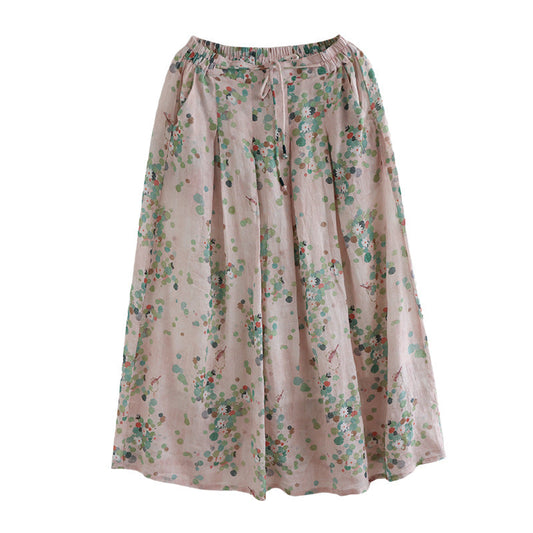 Cozy Retro Linen Floral A-Line Patchwork Skirt