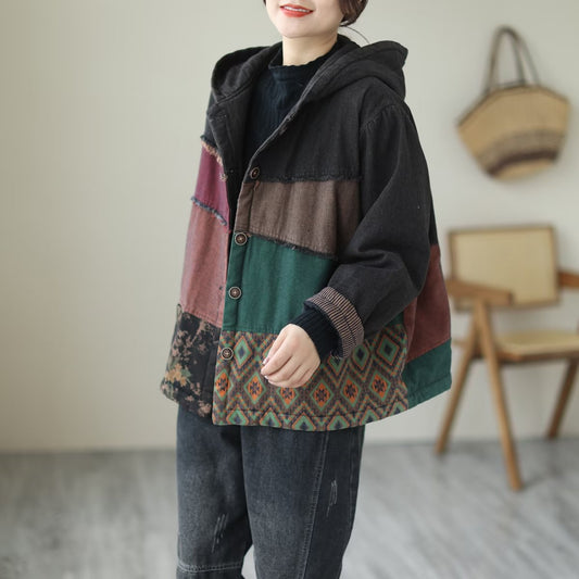 Padded Thick Loose Vintage Colorblock Denim Jacket