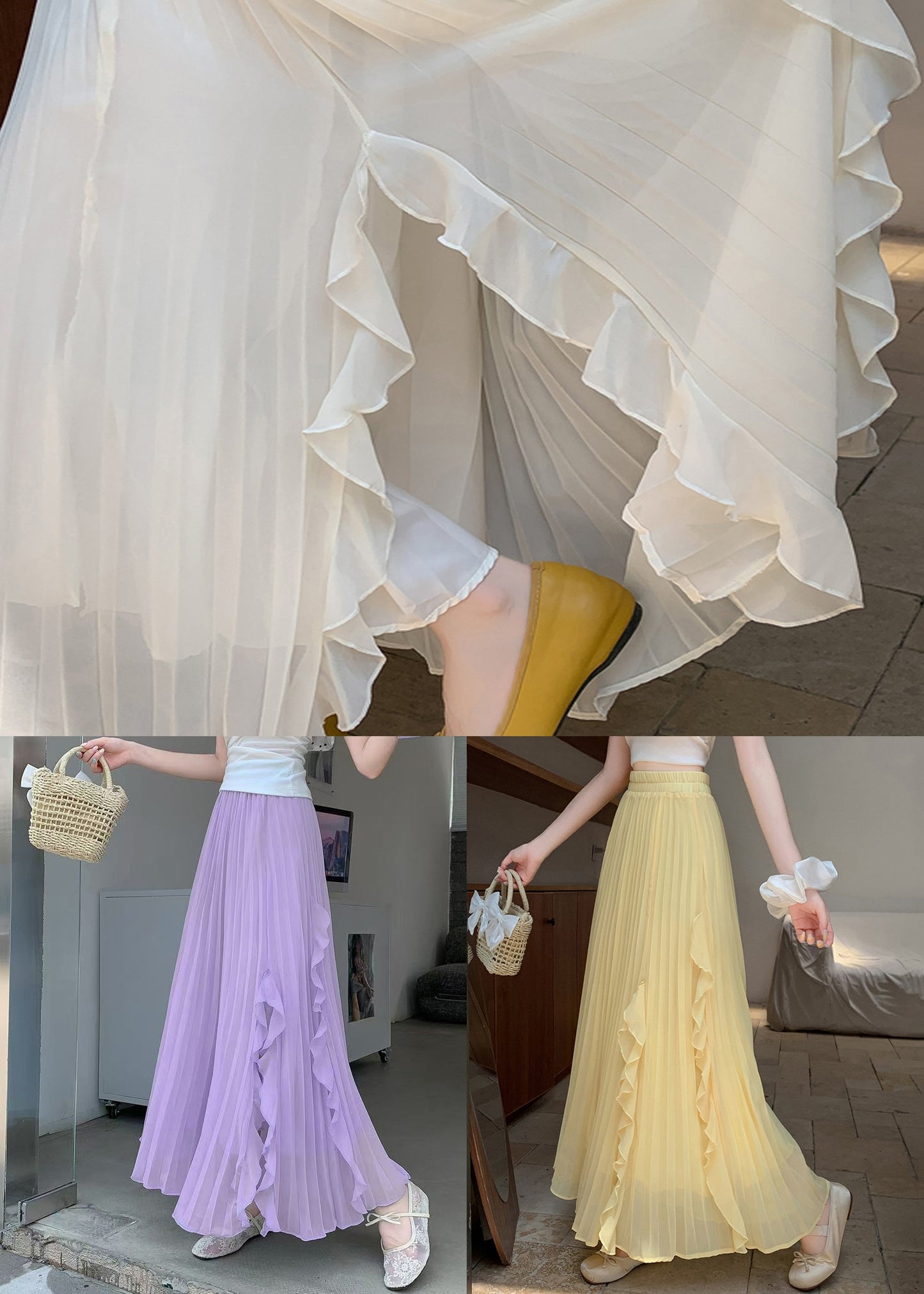Beige Wrinkled Solid Summer Skirts Elastic Waist