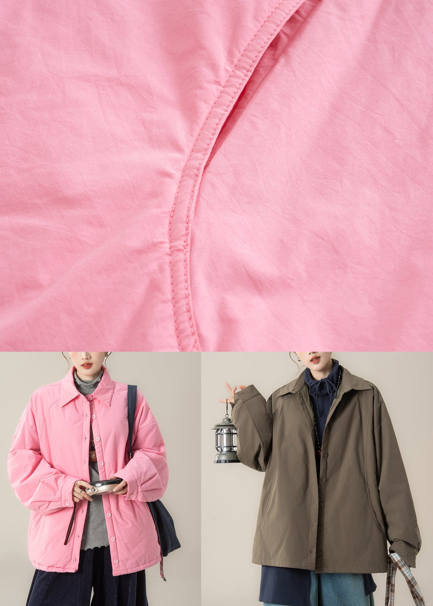 khaki Brown Button Drawstring Cotton Filled Coats Peter Pan Collar