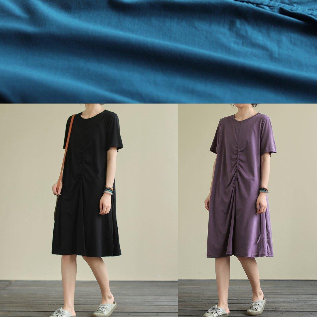 Bohemian o neck Cinched Cotton summer dress Sewing blue Dresses