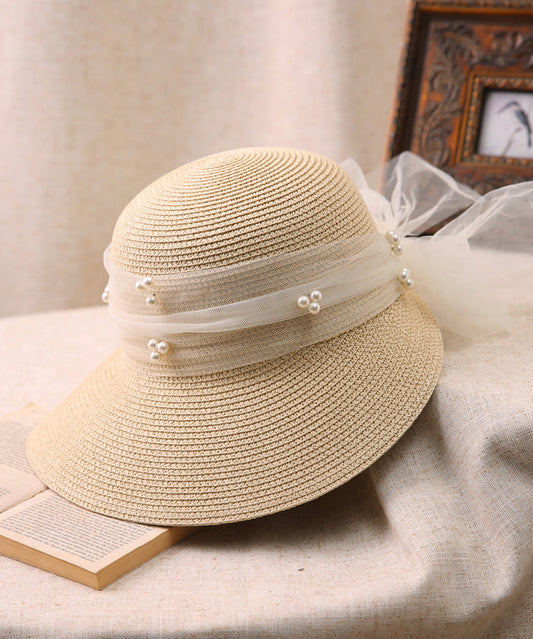 Stylish Khaki Bow Nail Bead Straw Woven Sun Hat