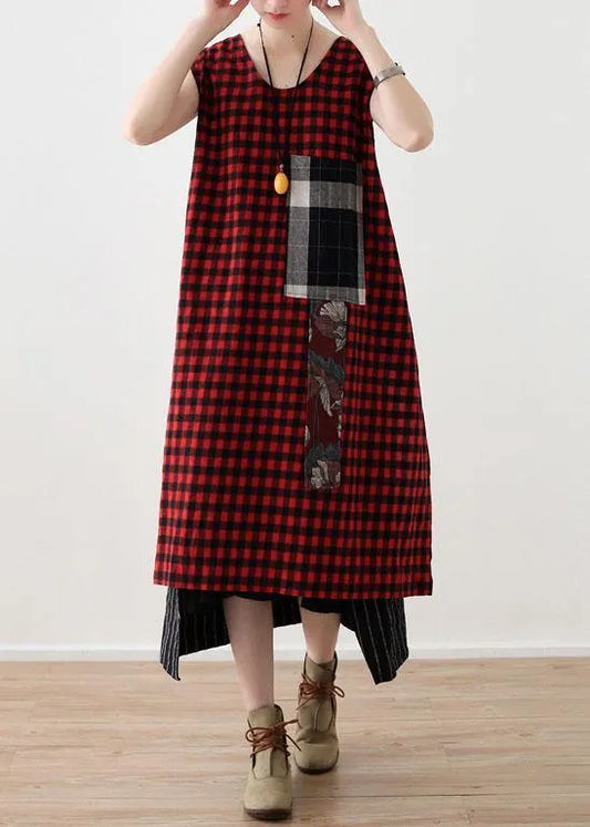 Art Red Plaid Cotton Linen Asymmetrical Design Patchwork Party Dresses