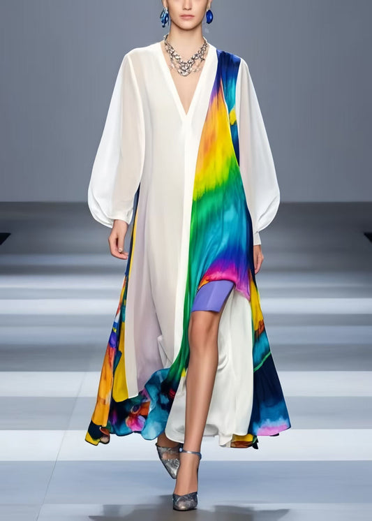 Chic White Oversized Patchwork Chiffon Beach Dress Spring