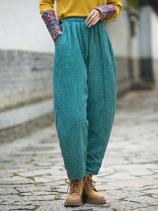 Women Winter Worn Pocket Elastic Waist Thick Warm Pants