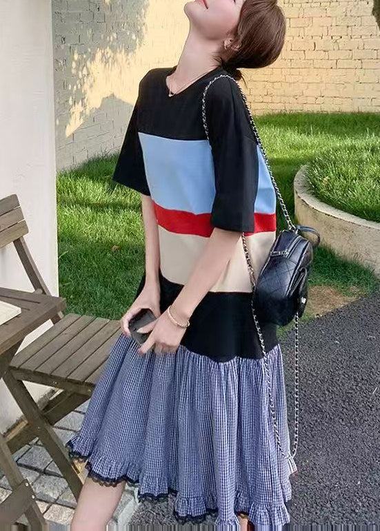Casual Mixed Color Oversized Patchwork Cotton Long Dress Summer