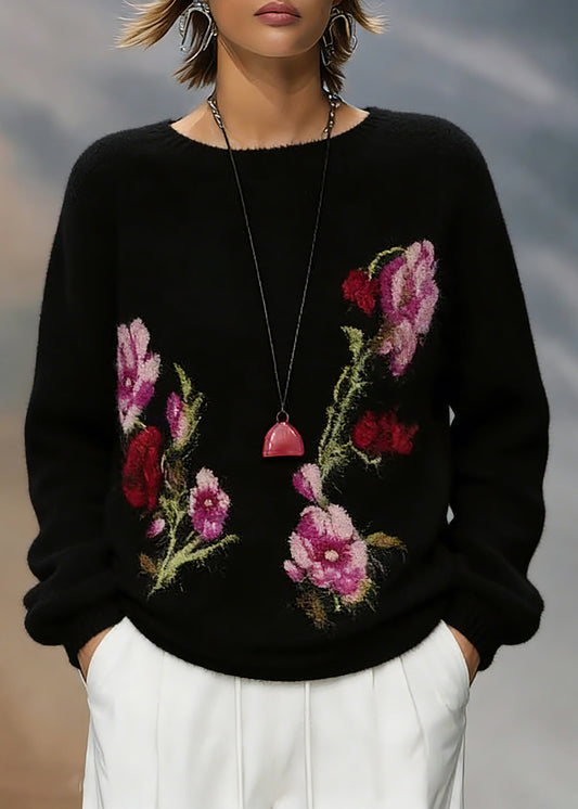 Jacquard Black O-Neck Cotton Knit Sweaters Spring