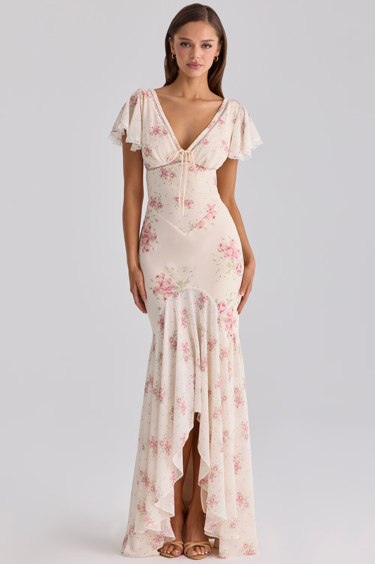 Cream Rose Print V-Neck Tie Front Lace Trim Mermaid Maxi Dress
