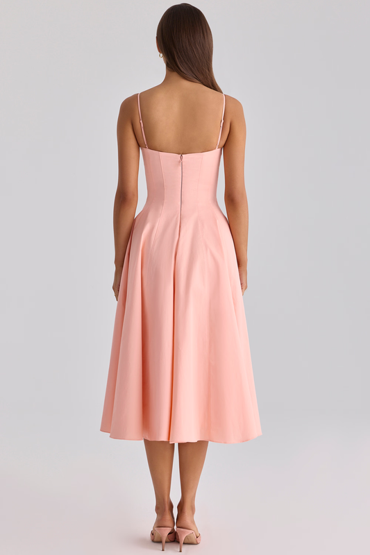 Pink/Yellow Spaghetti Strap Sweetheart Neck A-Line Midi Dress