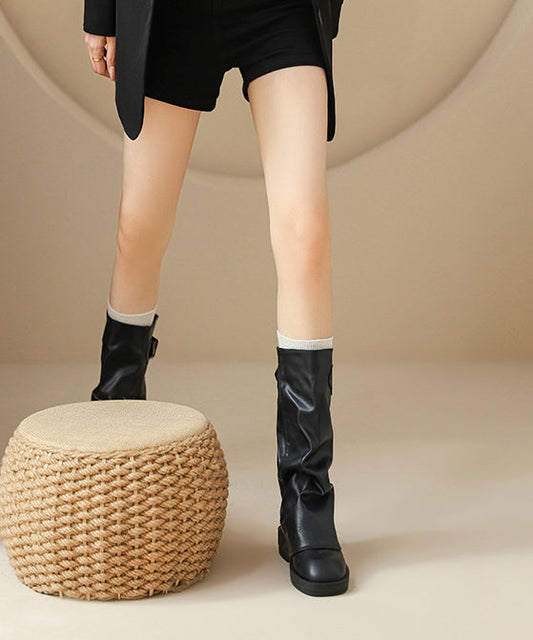 Brown Cowhide Leather Wrinkled Splicing Platform Boots