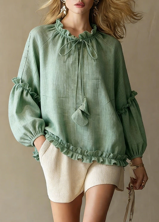 Art Green Ruffled Lace Up Cotton Shirts Spring