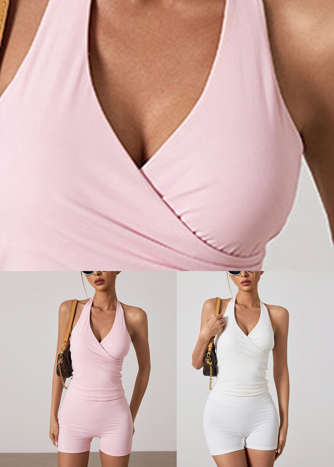 White V Neck High Waist Sports Bra And Leggings Set Suit