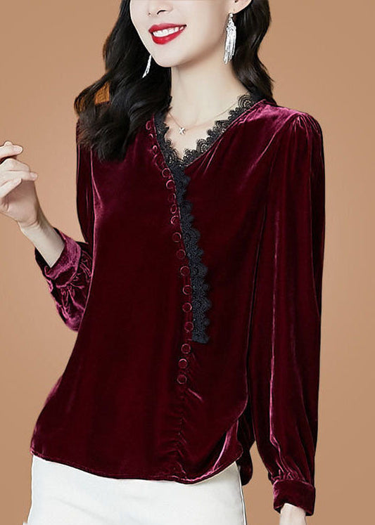 Italian Mulberry V Neck Silk Velour Top Long Sleeve