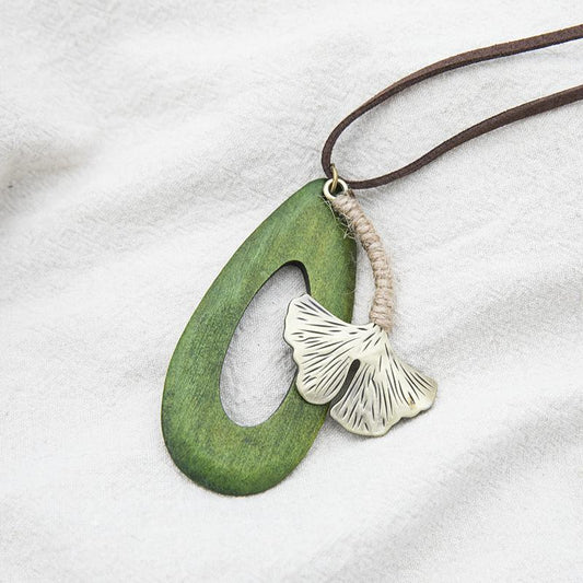 Vintage Exquisite Ginkgo Copper Green Drop Shape Pendant Necklace