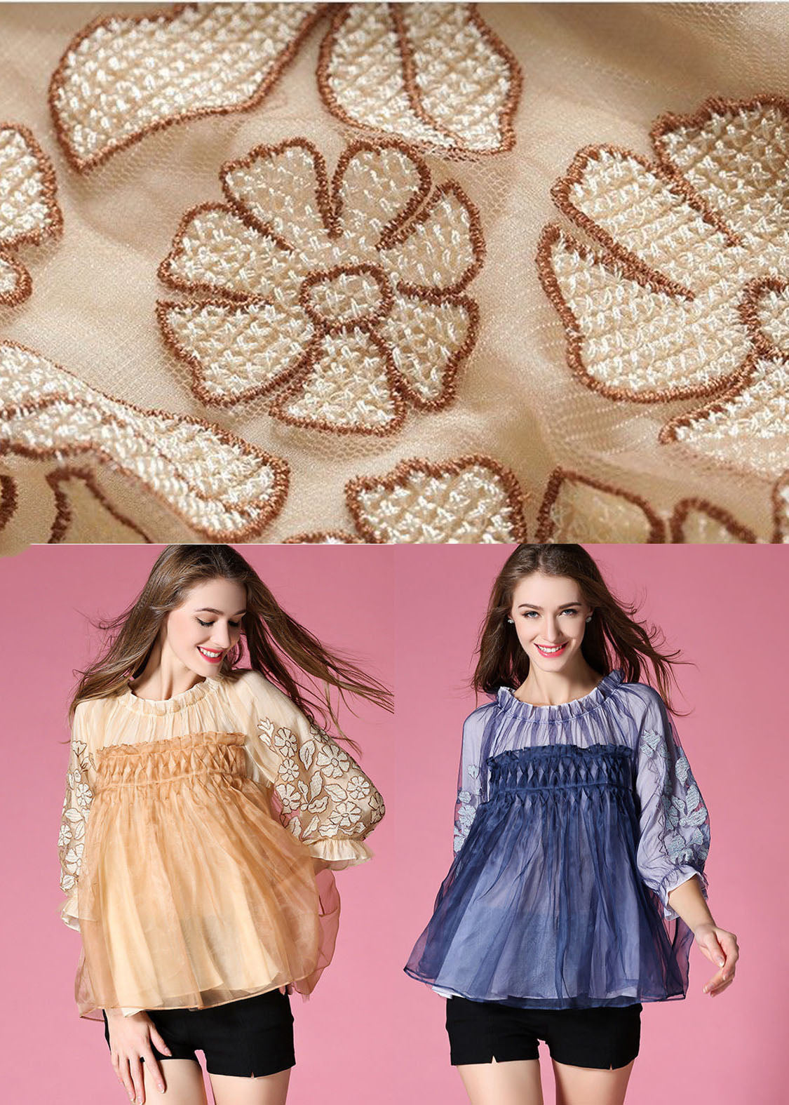 Golden Organza A Line Top Embroideried Wrinkled Half Sleeve